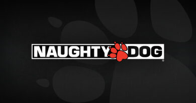 logo do estúdio Naughty Dog escrito em um fundo preto com a imagem de uma pata canina vermelha dividindo as palavras naughty_dog