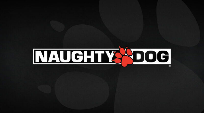 logo do estúdio Naughty Dog escrito em um fundo preto com a imagem de uma pata canina vermelha dividindo as palavras naughty_dog