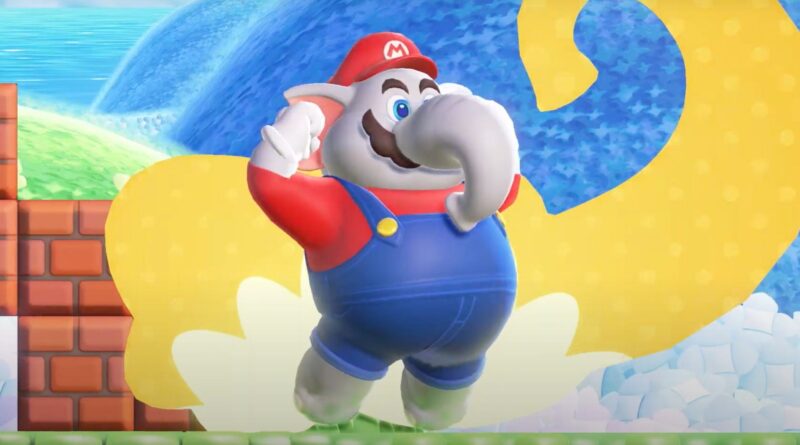 Mario transformado em elefante por uma das habilidades de Super Mario Wonder