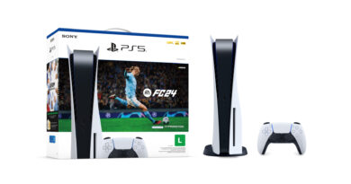 Imagem da caixa e do console PS5 com o jogo EA Sports FC24