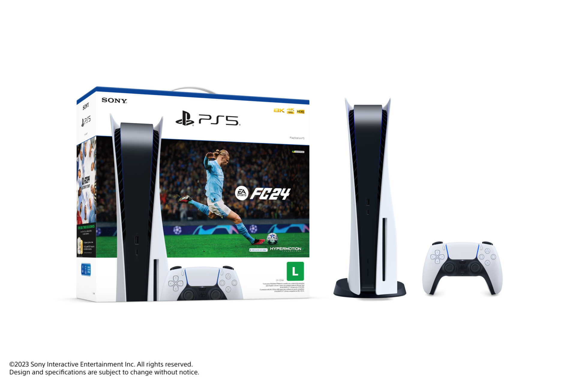 Imagem da caixa e do console PS5 com o jogo EA Sports FC24