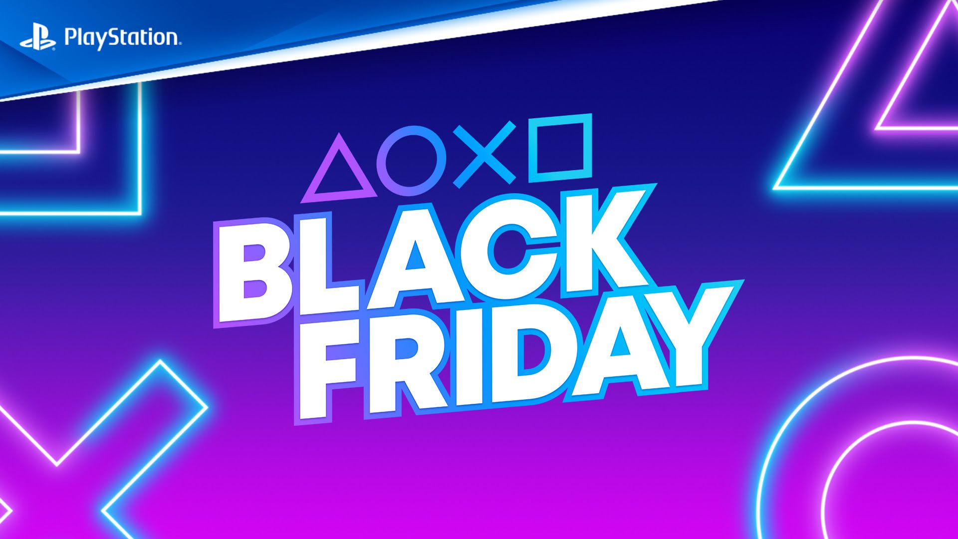 baner com a palavra black friday em branco e os símbolos do playstation