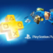 imagem com o logo da playstation plus amarelo em um fundo azul com algumas imagens pequenas de jogos de playstation