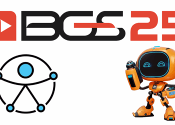imagem do logo da BGS 25 com as letras BGS em preto e o número 25 em laranjaem um fundo branco ao topo, mais a baixo a direita o robozinho da BGS laranja com a posição acenando e a esquerda o novo logo da ONO que representa acessibilidade