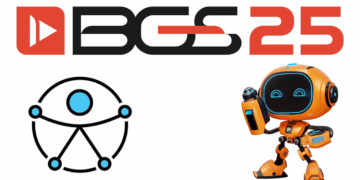 imagem do logo da BGS 25 com as letras BGS em preto e o número 25 em laranjaem um fundo branco ao topo, mais a baixo a direita o robozinho da BGS laranja com a posição acenando e a esquerda o novo logo da ONO que representa acessibilidade