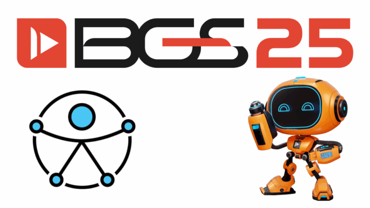 imagem do logo da BGS 25 com as letras BGS em preto e o número 25 em laranjaem um fundo branco ao topo, mais a baixo a direita o robozinho da BGS laranja com a posição acenando e a esquerda o novo logo da ONO que representa acessibilidade