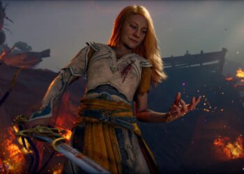 God of War Laufey - Laufey empunhando uma espada mágica